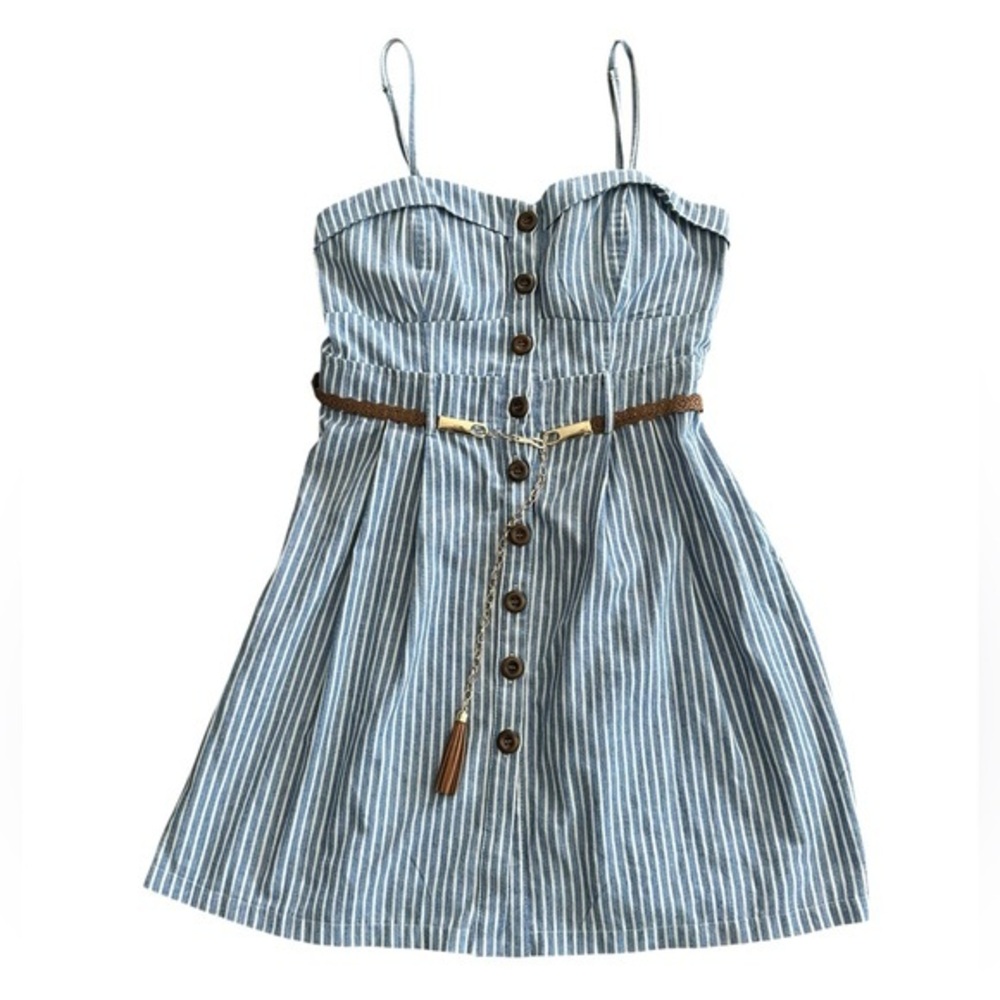 Mind Code Spaghetti Strap Button Up Mini Dress Juniors Large Blue White Stripe